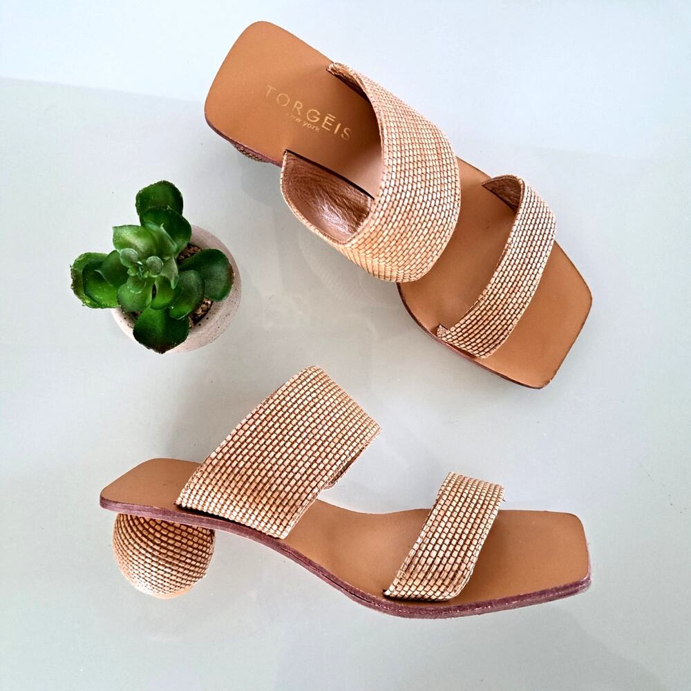 Torgeis New York Yara Woven Slide Ball-Heel Raffia Sandal Size 6 Natural Tan